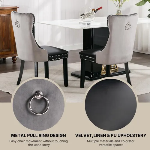 Miniatura 6 de OVENTA Juego de 4 sillas de comedor modernas tapizadas copetudas, terciopelo negro y gris y cuero con patas de madera maciza, sillas de cocina