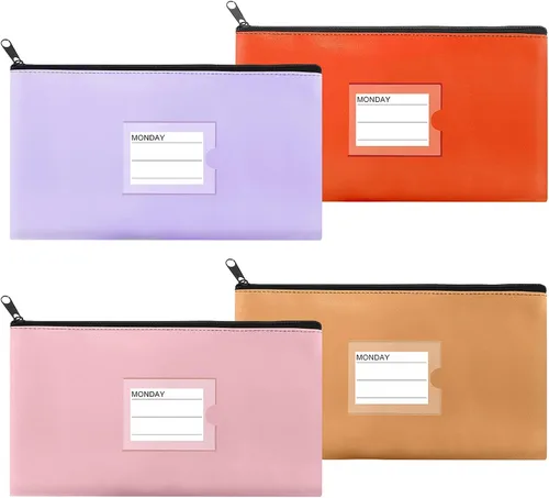 Miniatura 22 de Paquete de 4 bolsas de dinero para depósitos bancarios, cartera de cuero sintético resistente con cremallera con ventana transparente, bolsa