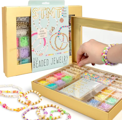 Kit de joyería con cuentas de STMT para bricolaje - Hace 15 piezas premium, incluye suministros para hacer pulseras, cuentas de letras, dijes