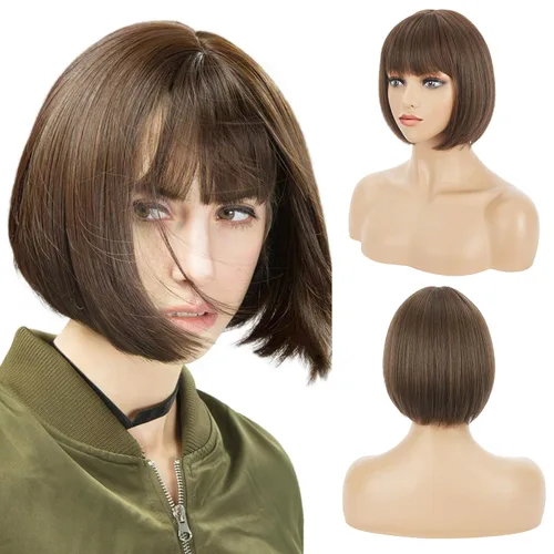 Miniatura 9 de REECHO peluca corta con flequillo, de cabello sintético, para cosplay, para mujeres Marrón oscuro