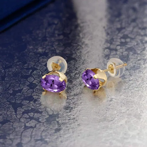 Miniatura 3 de Gem Stone King Aretes de tuerca de oro amarillo de 14 quilates con amatista morada para mujer