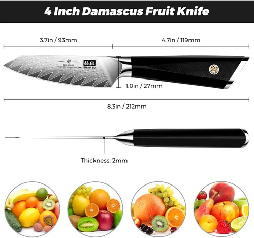 Miniatura 5 de SHAN ZU Cuchillo de pelar Damasco Cuchillo de fruta de 4 pulgadas Cuchillos de cocina profesional, Cuchillos de tallado de frutas de Damasco japonés