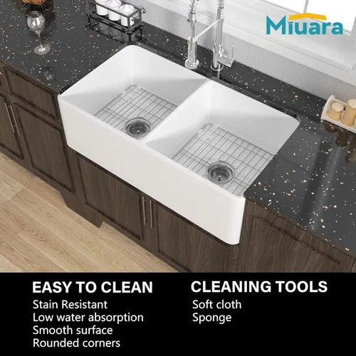 Miniatura 7 de Miuara Fregadero de cocina estilo casa de campo con cuenco doble de 33 pulgadas, fregadero de cocina frontal con delantal blanco, reversible, 33 x