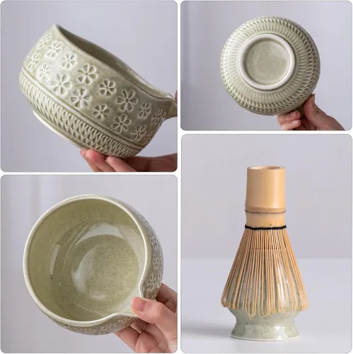 Miniatura 3 de Buucup Juego de batidor de matcha, juego de cerámica matcha incluye cuenco matcha, batidor de matcha y soporte, cuchara de bambú, soporte para Verde