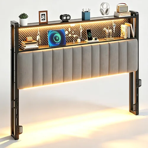 Miniatura 23 de VINGLI Cabecera LED Queen con 3 estantes de almacenamiento y estación de carga, moderna cabecera tapizada con luces RGB, puertos USB y toma de Lino