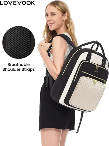 Miniatura 9 de LOVEVOOK - Mochila portalaptop para mujeres, mochila de trabajo de moda con puerto USB, mochilas impermeables para el trabajo., negro, beige beige