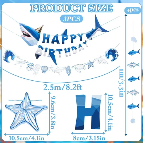 Miniatura 3 de Paper Jazz Decoración de tiburón oceánico, decoración de fiesta de tiburón ballena para pared, pancarta de cumpleaños bajo el mar con remolinos, Azul