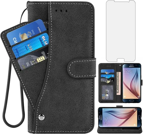 Asuwish Compatible con Samsung Galaxy S6 - Funda tipo cartera y protector de pantalla de vidrio templado, soporte para tarjetas abatibles,
