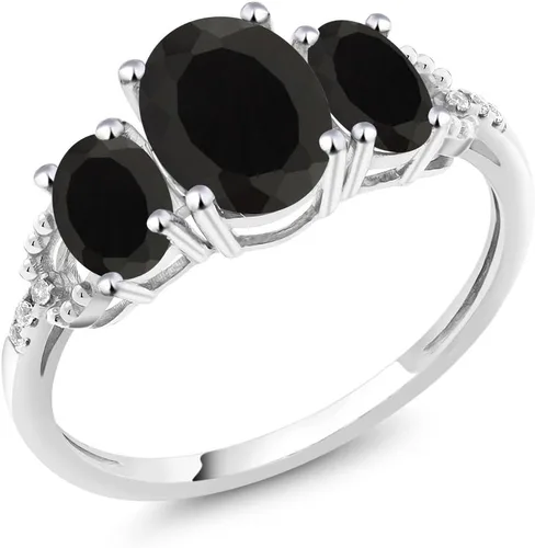 Gem Stone King Anillo de compromiso de oro blanco de 10 quilates de 2.08 quilates, ónix negro y diamante con detalle de 3 piedras, ovalado, de 0.315