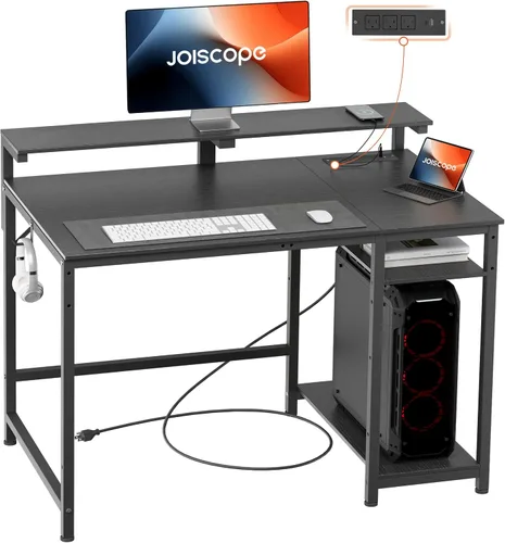 JOISCOPE Escritorio de oficina en casa con tomas de corriente (3AC, USB, tipo C), escritorio para computadora de 40 x 20 pulgadas con estantes Negro
