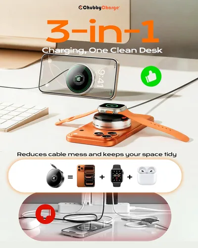 Miniatura 2 de Estación de carga inalámbrica compacta 3 en 1 para iPhone, Apple Watch y AirPods, cargador de viaje plegable magnético con cable USB-C retráctil