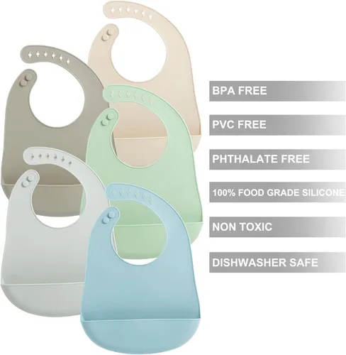 Miniatura 3 de PandaEar Paquete de 5 baberos de silicona impermeables para bebés, babero de alimentación súper fino y ligero con bolsillo para atrapar alimentos