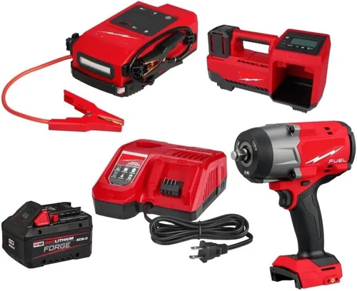 para Milwaukee M18 HOTHOT Arrancador de salto, kit de iniciación XC8.0, llave de impacto, paquete de inflador de neumáticos + TPT Premium cart
