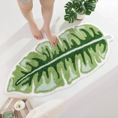 Miniatura 3 de Panstar Green Leaf - Tapete de baño con planta de plátano grande, antideslizante, absorbente, bonita en forma de palma, alfombra de ducha de felpa