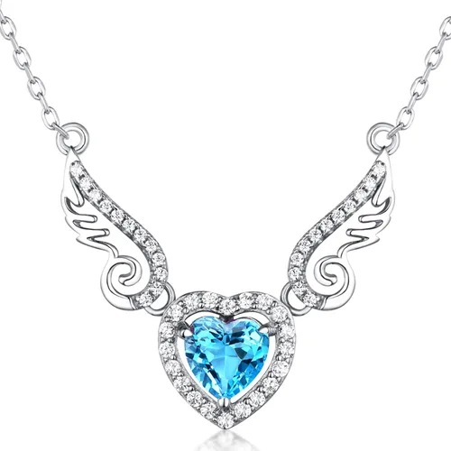 Fine Jewelry - Collar con colgante de plata de ley 925, piedra preciosa natural, topacio azul suizo, amatista, peridoto, amor, corazón, alas de ángel
