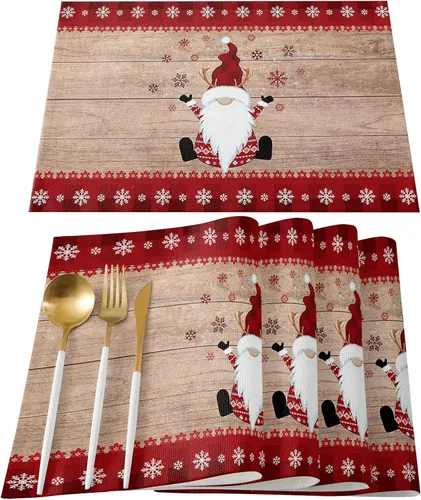 Miniatura 12 de Juego de 4 manteles individuales de reno de Navidad para mesa de comedor, alce de Navidad con bufanda, a cuadros de búfalo rojo, verde, duradero