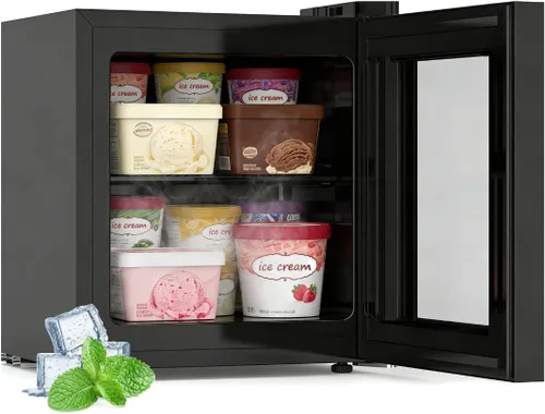 Kndko Mini congelador de 1.2 pies cúbicos con puerta de cristal, 7 ajustes de temperatura ajustables de -10°F a -18°F, congelador pequeño vertical