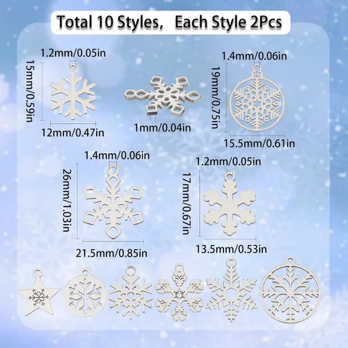 Miniatura 2 de SUNNYCLUE 1 caja 20 piezas dijes de copo de nieve dije de nieve invierno acero inoxidable doble cara estrella hueca planos redondos colgantes de 1