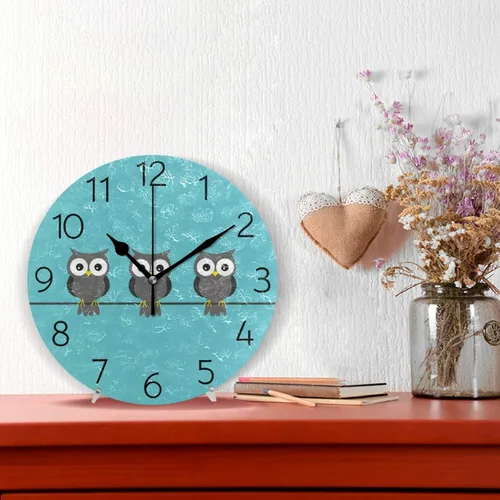 Miniatura 2 de UNISE Reloj de pared redondo con búho azul, silencioso, sin tictac, funciona con pilas, decorativo, acrílico, reloj de pared con colibríes, pájaro