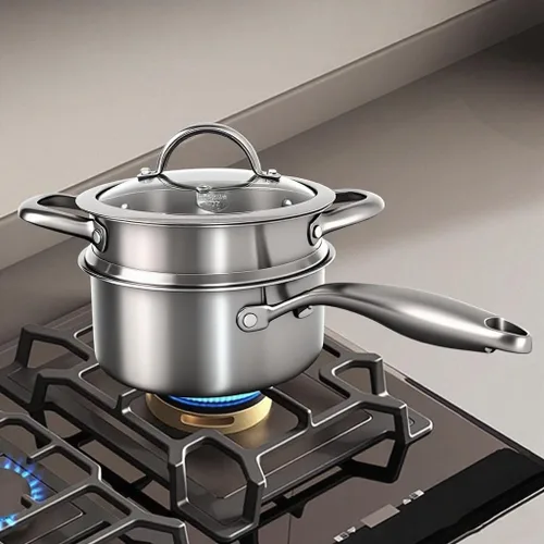 Miniatura 8 de Cacerola de acero inoxidable de 1.5 cuartos de galón con cesta de vapor, construcción de tres capas 18/10, sartén versátil con tapa de vidrio