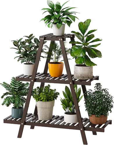 Miniatura 11 de Soporte de bambú para plantas interior/exterior, 3 niveles, negro, rectangular, 8 macetas para flores, estante para plantas