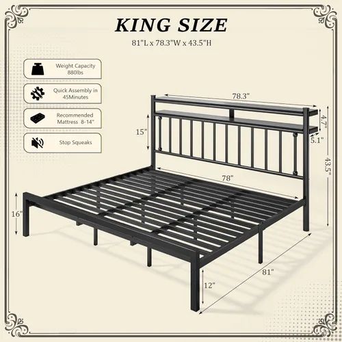 Miniatura 2 de Homkdom Base de cama de metal tamaño King de 14 pulgadas y cabecera de almacenamiento de 2 niveles, marco de cama victoriano tamaño King con Negro