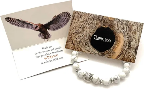 Miniatura 8 de Smiling Wisdom - Tarjeta de agradecimiento para profesor y pulsera de piedra elástica de búho - Mujer