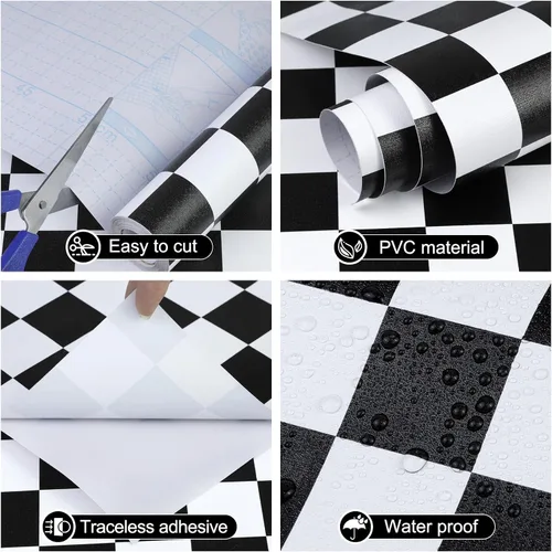 Miniatura 3 de Amiya Papel tapiz a cuadros para despegar y pegar, papel de contacto de mosaico blanco y negro, un juego de 17.3 x 480 pulgadas, moderno papel