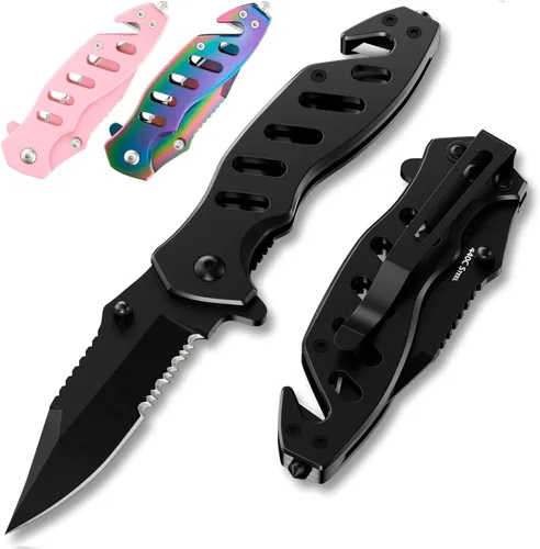 Cuchillo táctico legal para hombres y mujeres - Hoja serrada de 2.68 pulgadas - Pequeños cuchillos de bolsillo negros con rompecristales y cortador