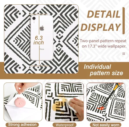 Miniatura 5 de Papel Tapiz Adhesivo Removible Blanco y Negro Geométrico Boho Papel de Contacto para Gabinetes Moderno Autoadhesivo Removible Papel Tapiz Cocina