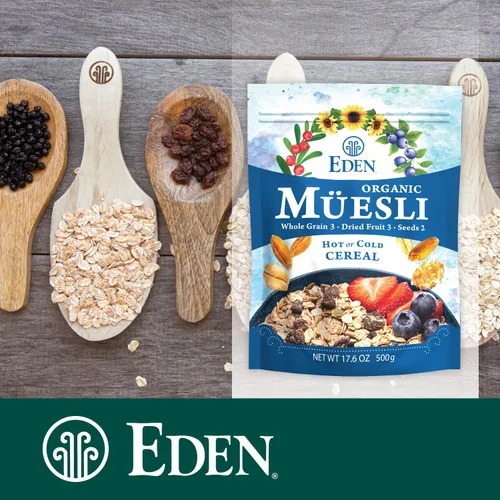 Miniatura 5 de Eden Cereal Muesli Orgánico, Cómelo Caliente o Frío, Copos de Avena, Centeno, Trigo y Espelta, Pasas, Arándanos Rojos, Arándanos Azules Silvestres