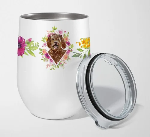 Miniatura 7 de Caroline's Treasures CK4110TBL12 Afghan Hound Pink Flowers - Vaso de vino aislado de acero inoxidable de 12 onzas con tapa, bonita taza de viaje