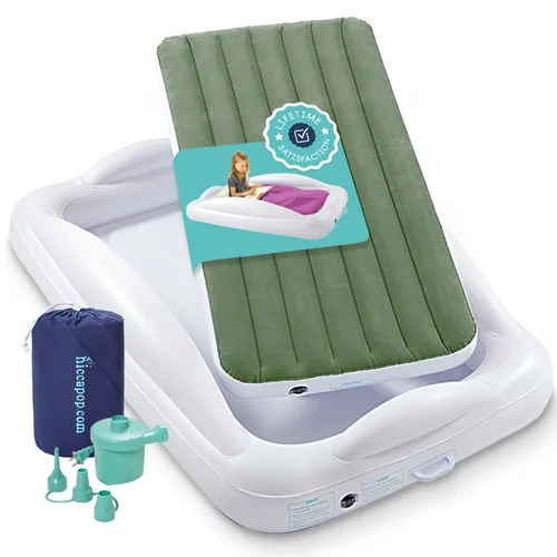 Miniatura 11 de hiccapop Cama inflable de viaje para niños pequeños con parachoques de seguridad [4 lados], cama portátil para niños, colchón de aire para niños