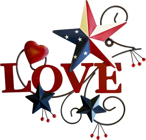 4homemax Primitive Country - Arte de pared de metal con estrellas y corazones americanos, 4 de julio, decoración patriótica de pared para interiores