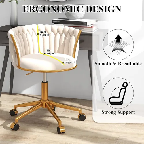 Miniatura 6 de Silla de escritorio de terciopelo, moderna silla de oficina con ruedas, sillón giratorio de tocador para el hogar con respaldo tejido, asiento