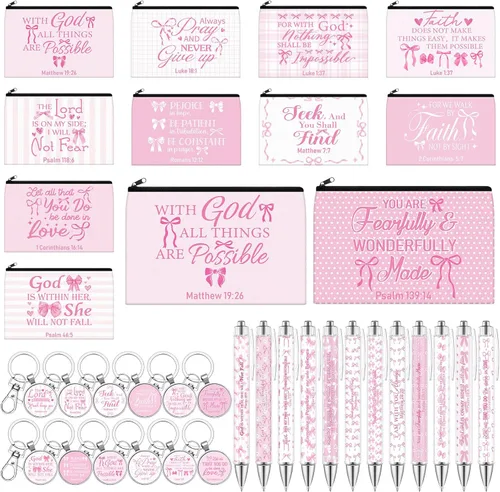 Miniatura 9 de 36 piezas de regalos cristianos para mujeres a granel, bolsas de maquillaje cristianas, llavero religioso, bolígrafos con versículos bíblicos, citas