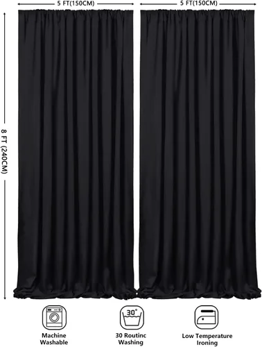 Miniatura 6 de Cortinas de fondo de poliéster negro para cortinas, 2 paquetes de 5 x 8 pies, cortina de tela de cortina de Halloween para decoración de fiestas