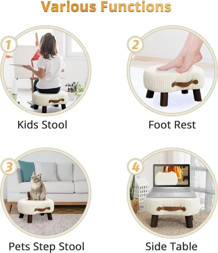Miniatura 8 de LUE BONA Taburete pequeño curvado con asa, reposapiés de terciopelo beige y otomanos, moderno reposapiés con patas de madera, taburete con asiento