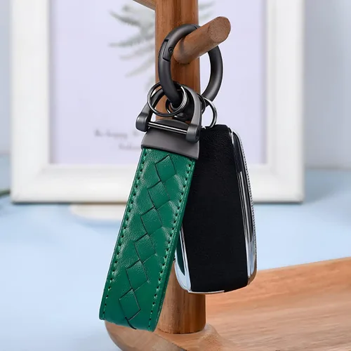 Miniatura 5 de AUCELI Llavero de cuero genuino para automóvil, organizador de llaves de piel de oveja con anillo en D giratorio de 360 grados antipérdida (verde)