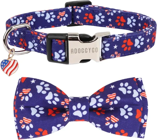 ADOGGYGO Collar de perro con bandera estadounidense con corbata de moño desmontable, collares patrióticos ajustables del 4 de julio para perros