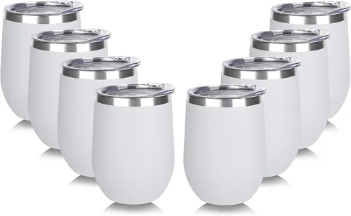 Miniatura 10 de DOMICARE - Juego de 8 vasos de vino de 12 onzas con tapa, hechos de acero inoxidable con aislamiento al vacío de doble pared, color celeste Azul