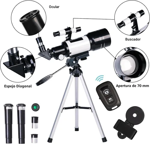 Miniatura 2 de Telescopio para adultos y niños, refractor de apertura de 2.756 in (15X-150X), telescopio de viaje portátil con adaptador de teléfono y control Negro