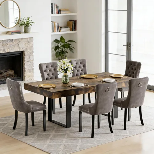 Miniatura 44 de Juego de mesa de comedor extensible de 5 piezas para 4, mesa de cocina de madera marrón de 63-78.7 pulgadas con 4 sillas acolchadas beige, juego