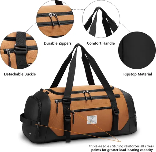 Miniatura 5 de Bolsa de lona para hombres bolsa de gimnasio 1000d material impermeable de nylon, Caqui2, 65 l, Viajes
