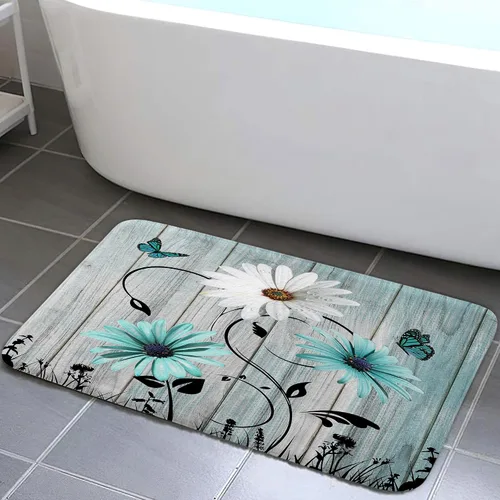 Miniatura 16 de Alfombra de baño rústica blanca floral, flores y mariposas en tabla de madera vieja, antideslizante, juego de alfombras de baño vintage