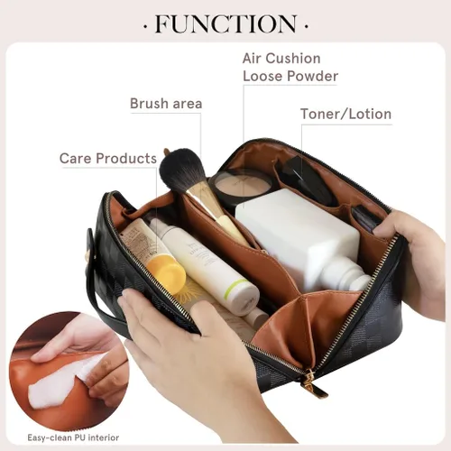 Miniatura 4 de Bolsas de maquillaje a cuadros de gran capacidad, bolsas de cosméticos portátiles de viaje, bolsa de aseo abierta y plana para mujeres y niñas