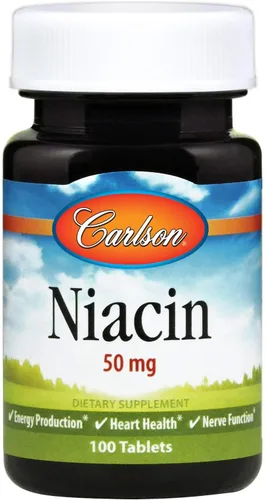 Carlson - Niacina, 50 mg, apoya el metabolismo del colesterol, la producción de energía, la salud del corazón, la función nerviosa, 100 tabletas