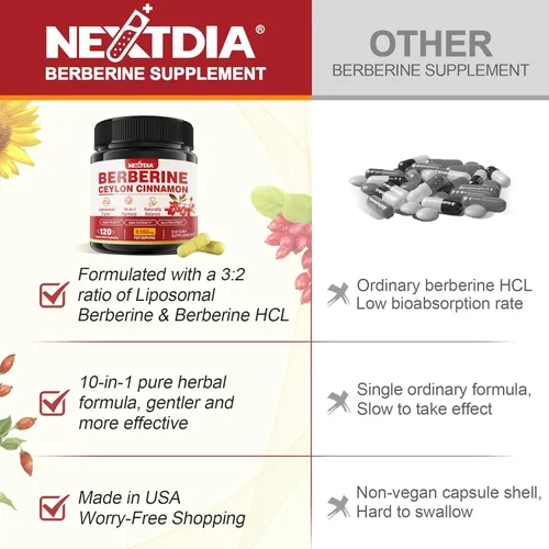 Miniatura 6 de Nextdia Paquete de 2 1500 mg de berberina liposomal HCL con melón amargo de canela de Ceilán, suplementos de complejo orgánico de berberina con hoja