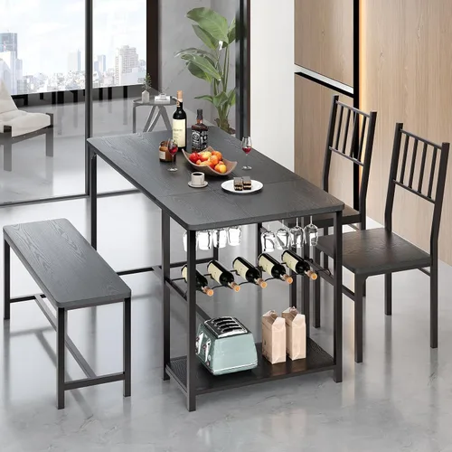 Miniatura 7 de 4 EVER WINNER Juego de mesa de comedor negra para 4 personas con banco, juego de mesa de cocina y sillas de 55 pulgadas con estante para vino