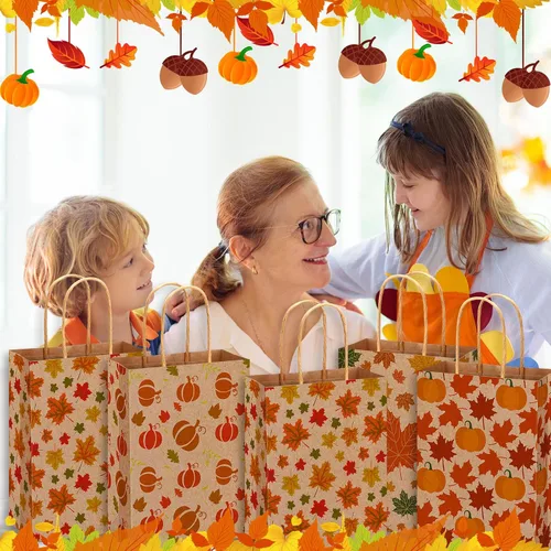 Miniatura 2 de Yeaqee 48 bolsas de regalo de Acción de Gracias, hojas de arce a granel, bolsas de regalo de papel kraft con asa, recuerdos de fiesta de otoño